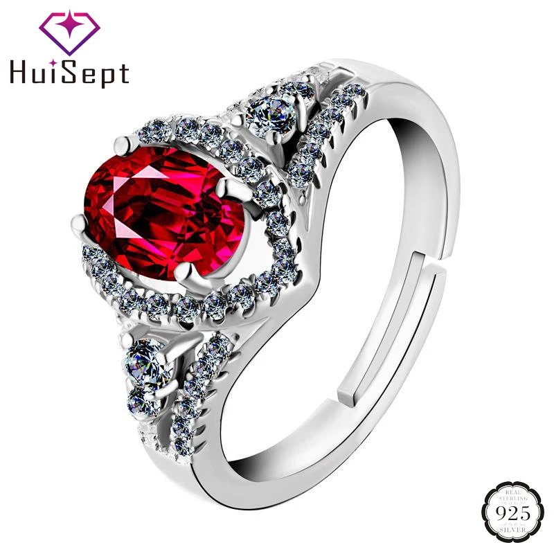 

HuiSept Classic Silver 925 Ring Oval Shape Ruby Zircon Gemstones Open Rings Jewelry Ornaments for Women Wedding Party Wholesale