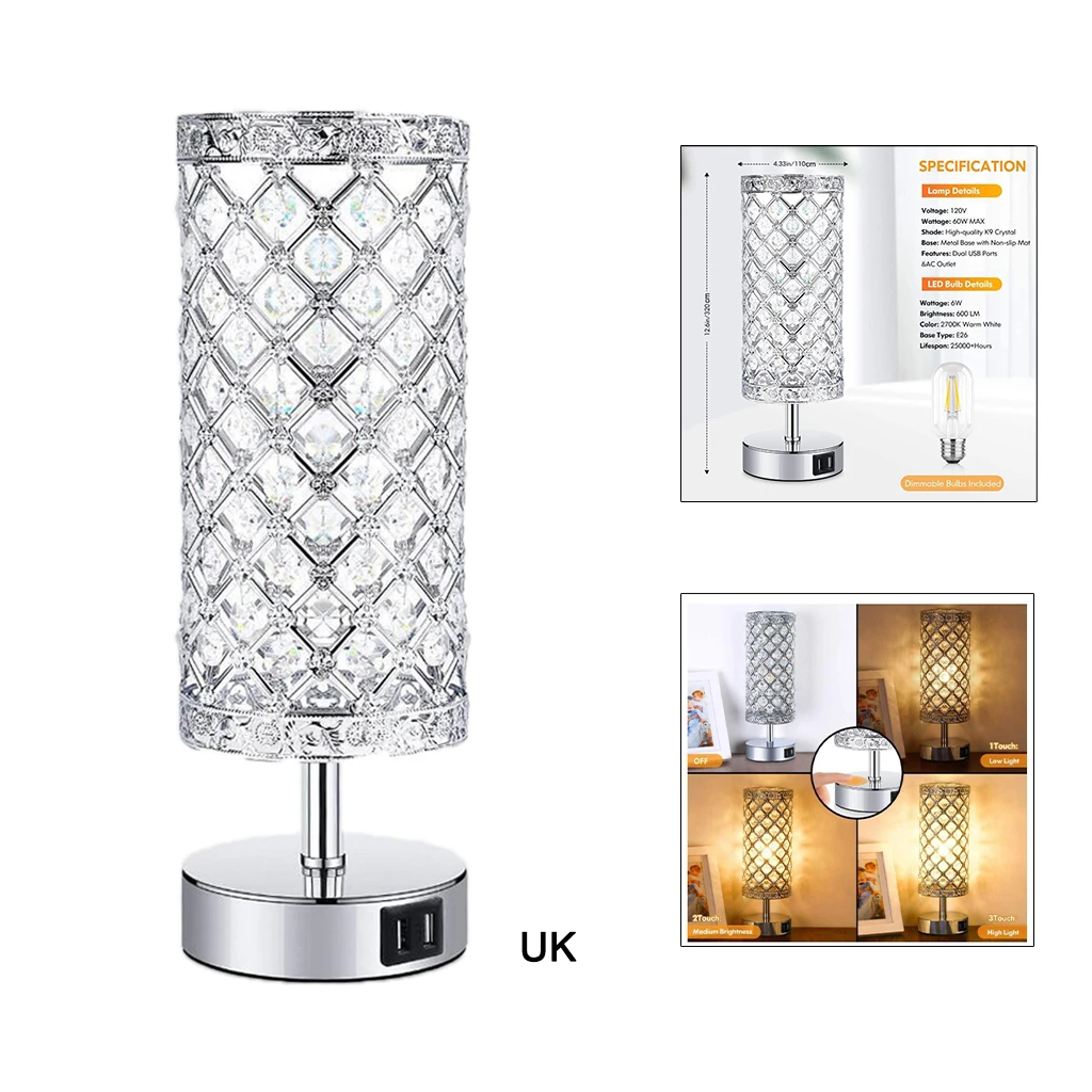 

3-Way Dimmable Crystal Touch Control Table Lamp with Dual USB Charging Ports Bedside Desk Lamps Bulb Included UK Plug