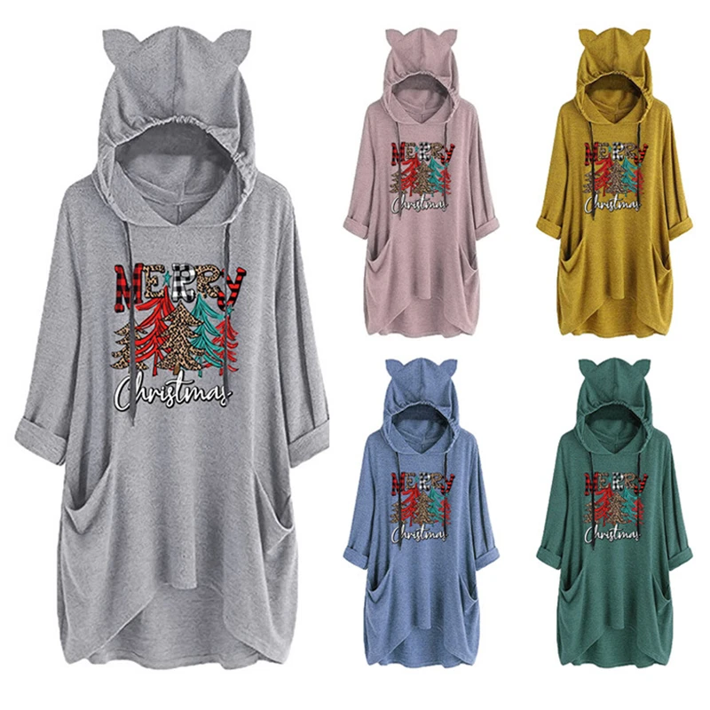 2022 new Christmas women's hooded sweater casual cute pullover long sleeve merry christmas letter festival printing