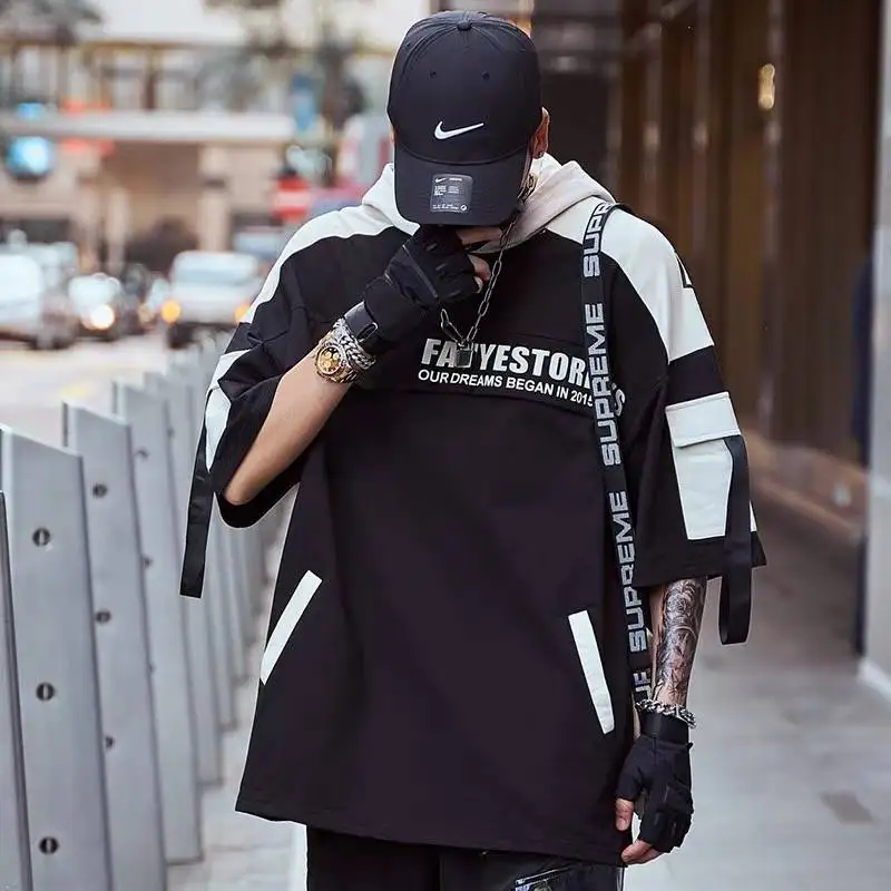 Мужская футболка в стиле хип хоп уличная Харадзюку летняя черная с капюшоном