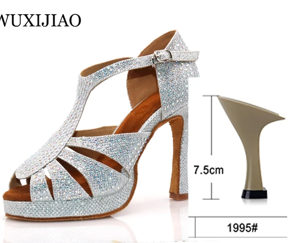 heel 7.5cm WUXIJIAO/Новинка; женская серебряная танцевальная обувь со стразами; обувь для сальсы; Обувь для бальных танцев; широкий каблук 10 см - Цвет: heel 7.5cm