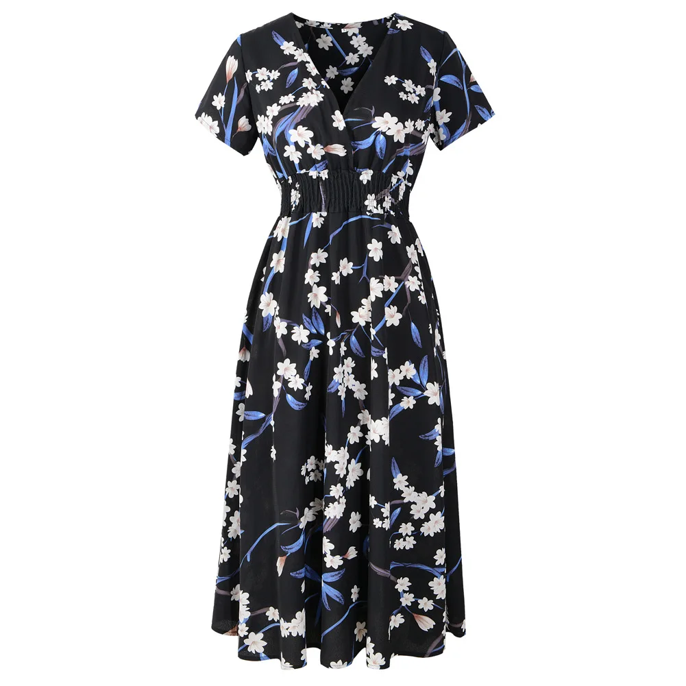 

2021 Spring And Summer New Ladies Dress Chiffon Beach Skirt Print V-neck Short Sleeve Dress Bohemian Skirt QZ-6878