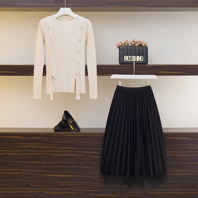 Вязаный женский осенний Модный пуловер с пуговицами свитер юбка из плюша одежда