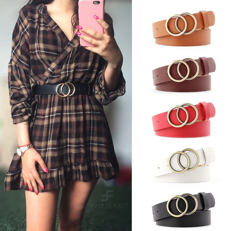 Роскошный брендовый ремень с металлической пряжкой двумя кольцами женские