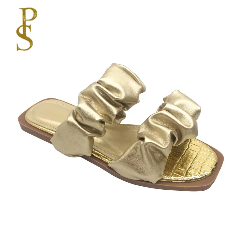 2021 новые женские тапочки на плоской подошве с открытым носком плиссированная