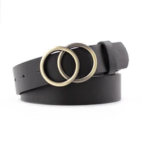 fashion double metal circle buckle belt for women wide leather pin strap ladies jeans trousers pants casual waistband accessory