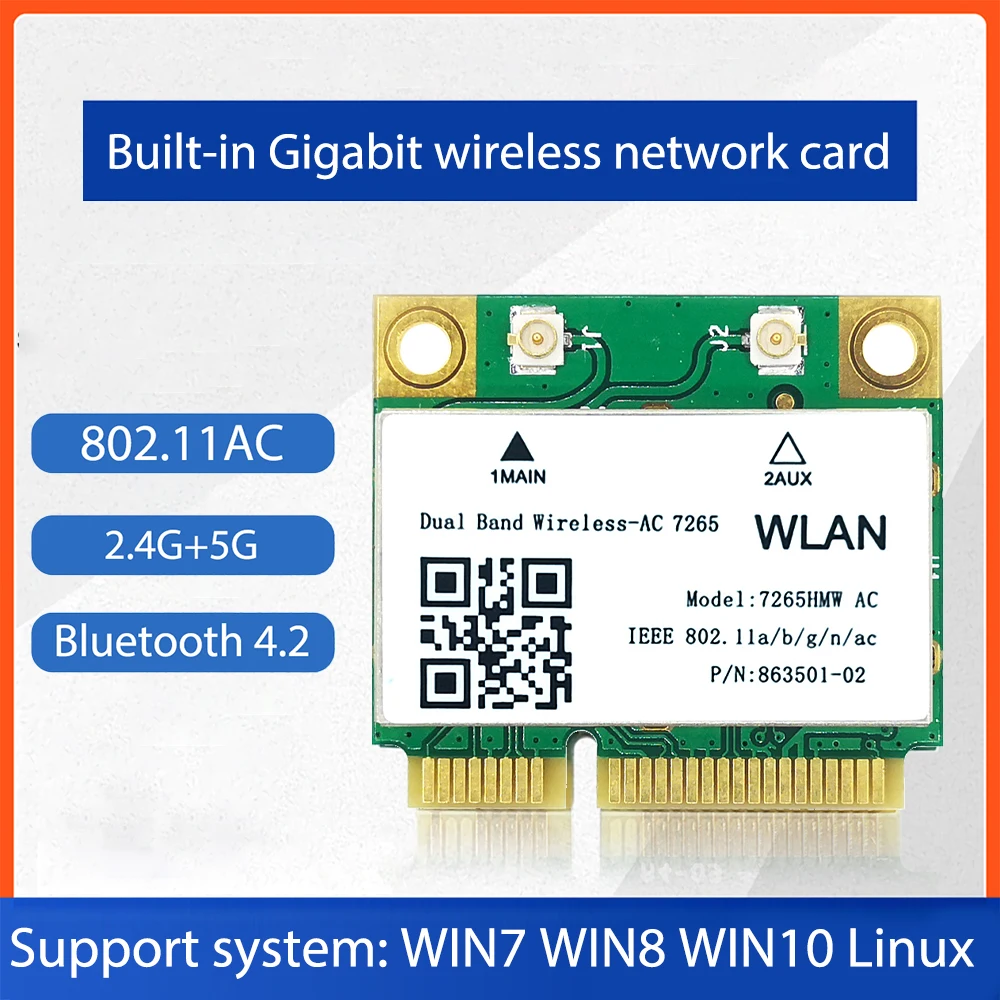 

Wireless Bluetooth 4.2 Network Card Dual-Band 5G/2.4G 7265/8260/8265 HMW 802.11 AC Network Card For PC With Mini PCIe