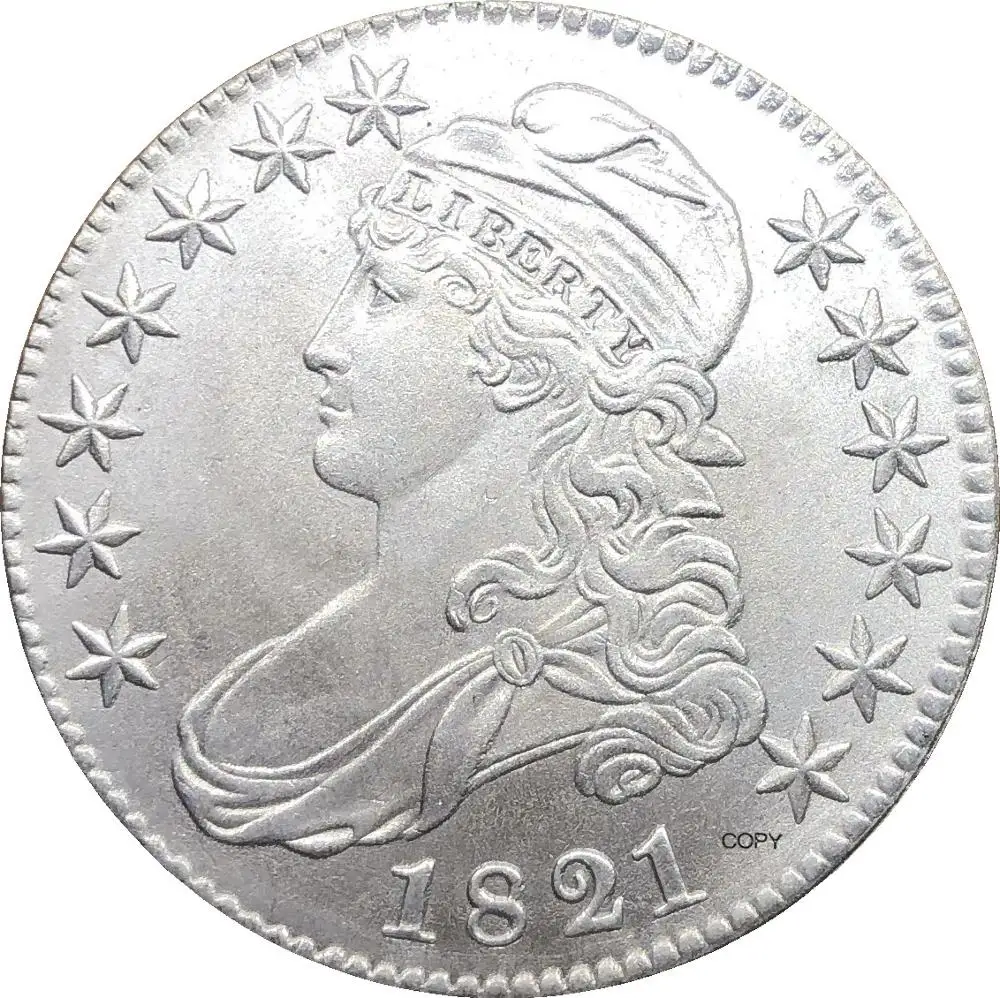 

1821 США, 50 центов, ½ доллара, Либерти Орел, обхват груди, полдоллара, Мельхиор, Посеребренная, белая копия монеты