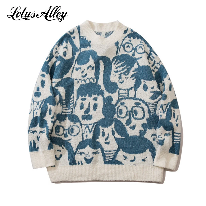 

Свитер мужской, женский, зимний, вязаный, оверсайз, с мультипликационным принтом, пуловер с круглым вырезом