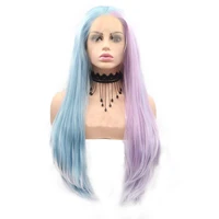 24 half purple half blue synthetic lace front straight wigs for women pastel blue pink 2 tone wig heat resistant fiber hair