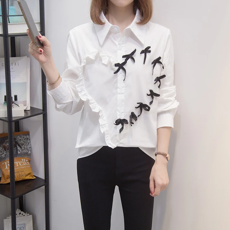 

Bow Love White Long Sleeved Plus Size Korean Autumn Elegant Fashion Blouses And Tops Women'S Oversize Shirt Clothing 2021 Female