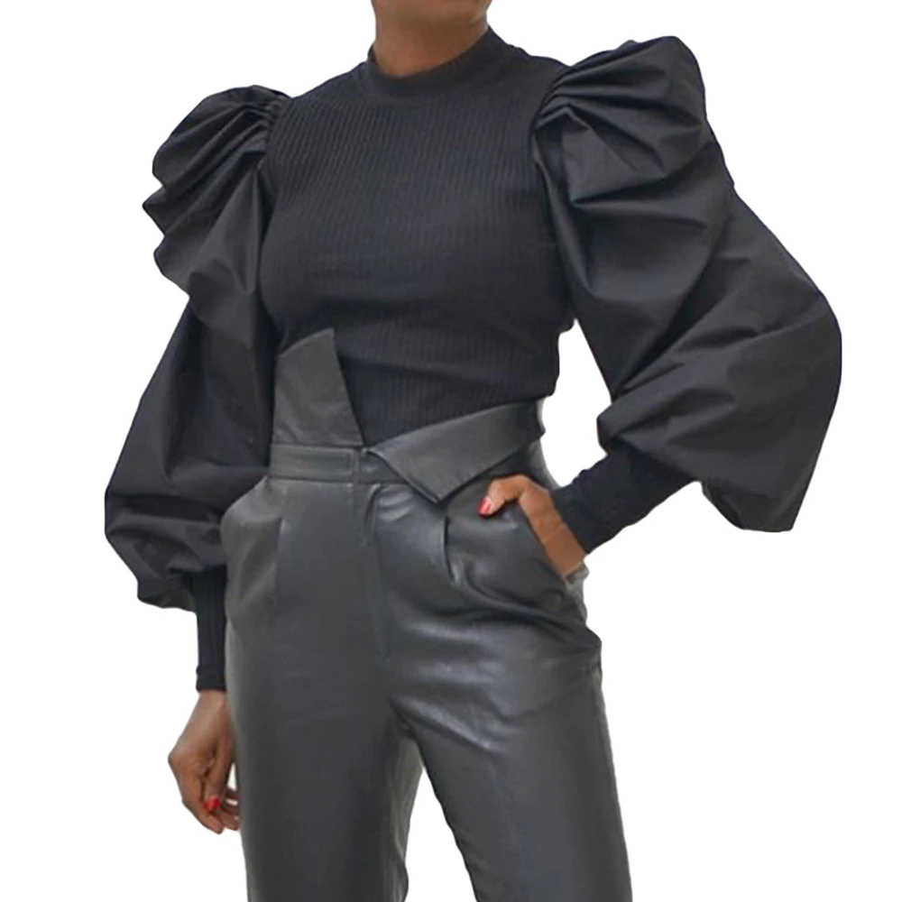 2019 Осенняя женская новая блузка с рукавами-фонариками и рюшами винтажные вязаные