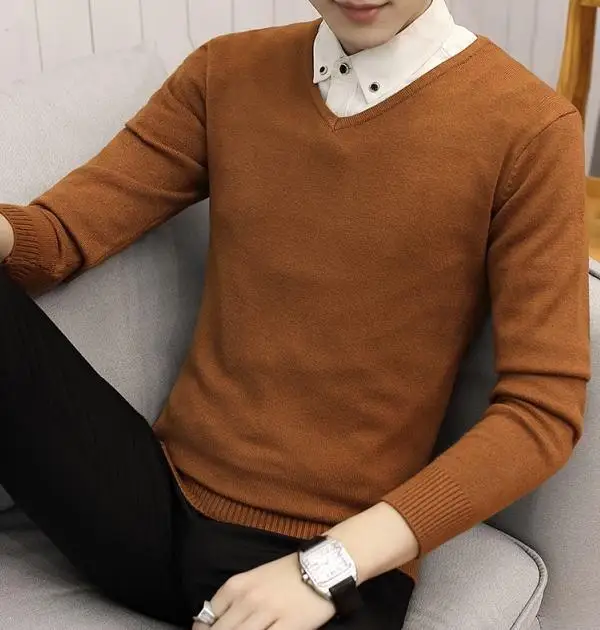 Caramel color Новинка, тонкий вязаный кашемировый шерстяной свитер, мужские топы, пуловеры, Осень-зима, теплый повседневный Однотонный свитер с v-образным вырезом и длинным рукавом - Цвет: Caramel color