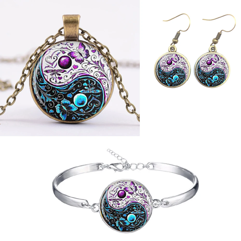 

2021 Vintage Tree Of Life Tai Chi Butterfly Jewelry Set Art Picture Glass Dome Cabochon Neckalce Bracelet Earrings For Women