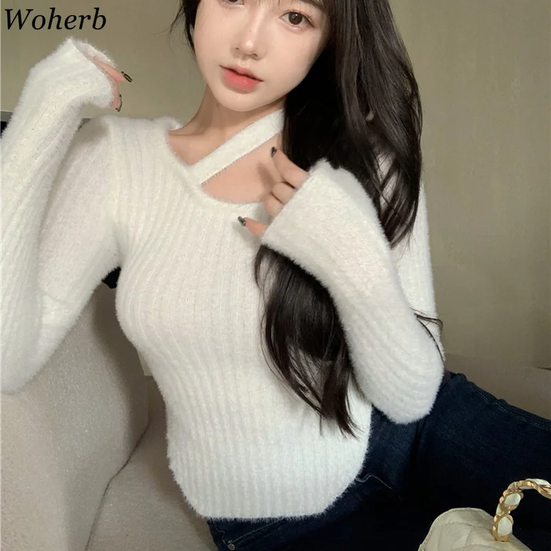 

Imitated Mink Wool Woman Sweaters Irregular Knitwear Korean Cropped Pullovers Pull Femme Chic Sexy Slim Jumper Tops Mujer