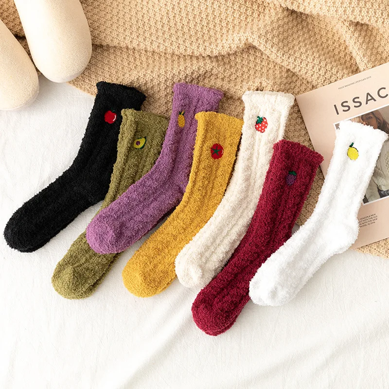 

Women's Coral Fleece Autumn and Winter Socks Woman's Thick and Warm Socks Fruit Sox Girl's Apple Banana Berry Socks Long Socks