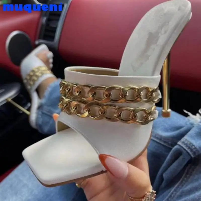 

2021 Summer Chains Sandals Women Big Size Peep Toe 10cm Thin Heel Outwear Mules Pointed Toe High Heel Shoes Woman