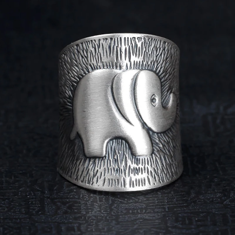 

S925 silver retro Thai handmade original elephant shape without mosaic opening adjustable women's ring