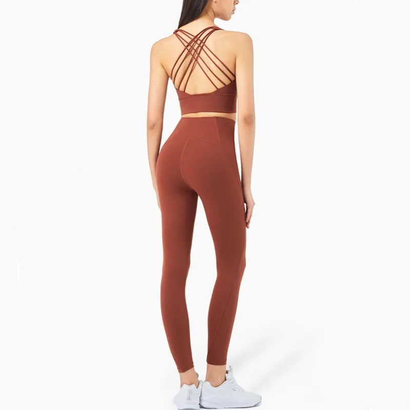 

Spring Summer New Women Gym Yoga Workout Sets Shockproof Cross Sport Bra + High Waist Tigh Yoga Pant 2 Pcs Running Workout Suits
