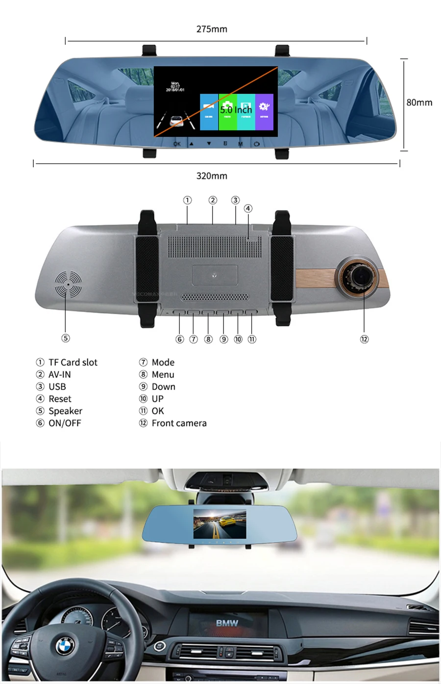 E ACE Автомобильный видеорегистратор FHD 1080P Зеркало заднего вида g сенсором DashCam