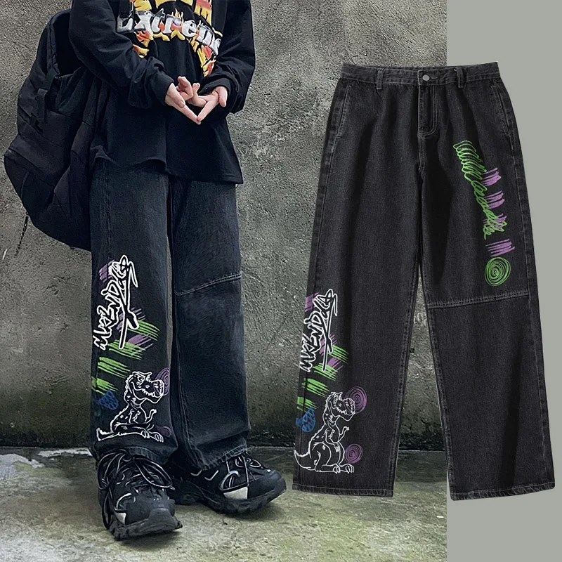 Men's cartoon graphic jeans graffiti denim trousers streetwear hip hop women vintage oversized casual pants high street rock