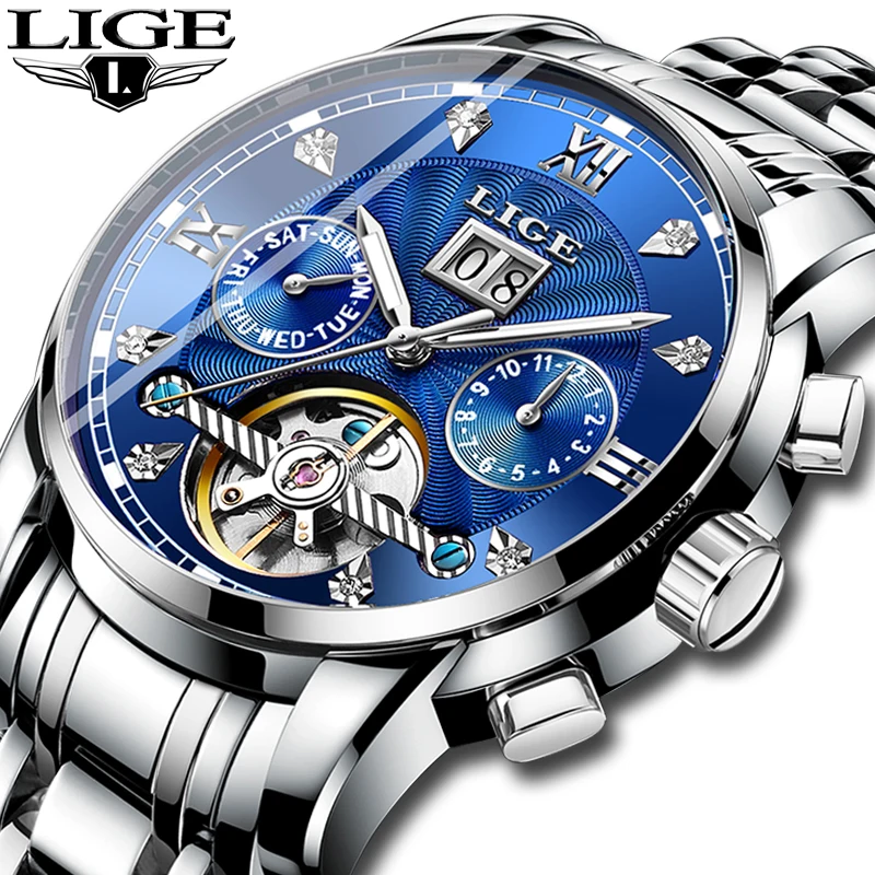 

New Men Watch Mechanical Tourbillon LIGE Luxury Fashion Brand Full Steel Sports Watches Mens Automatic Watch Relogio Masculino