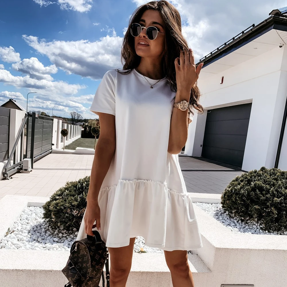 

2021 Summer Casual Loose Ruffle O Neck Woman Dress Fashion Party Club Mini Dresses For Women Office Ladies Short Sleeve Dress