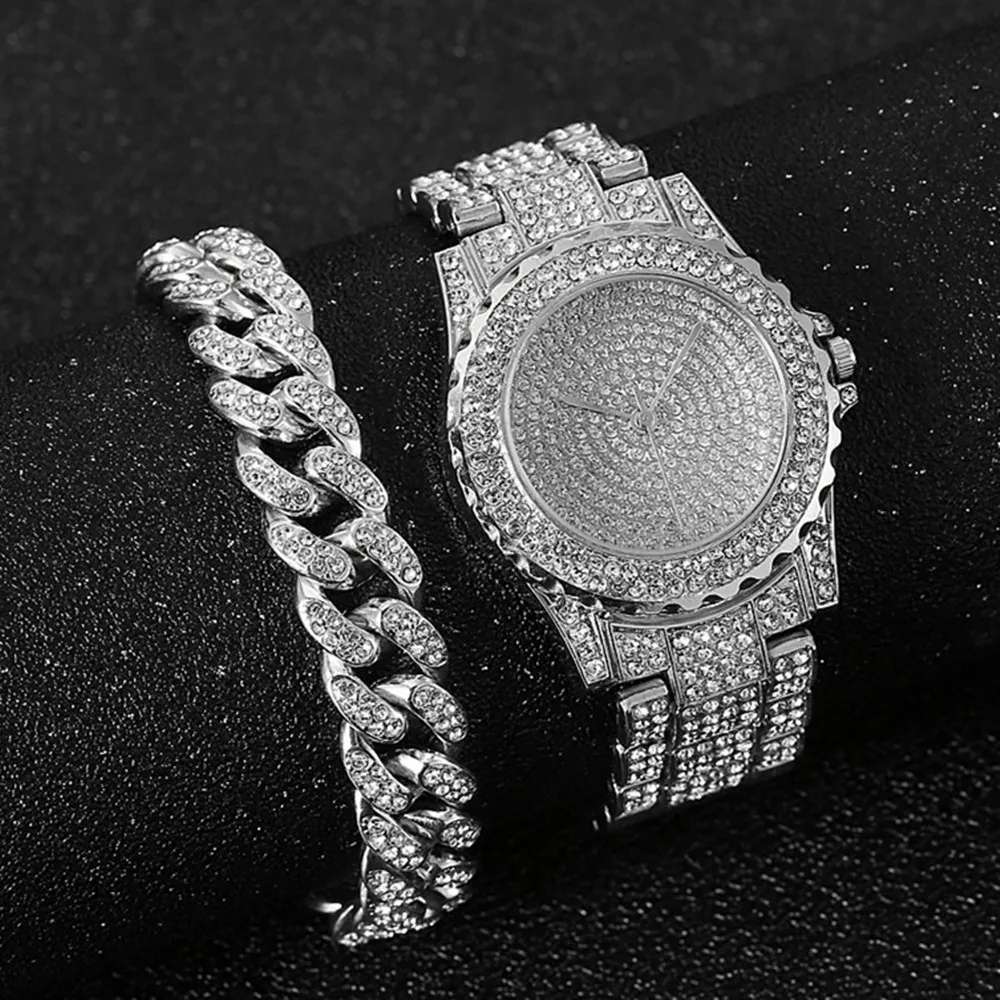 

Watch + Bracelet for Women Cuban Chain Charm Bracelet Iced Out Watch for Women Fashion Luxury Gold Watch Set Jewelry Set Relojes