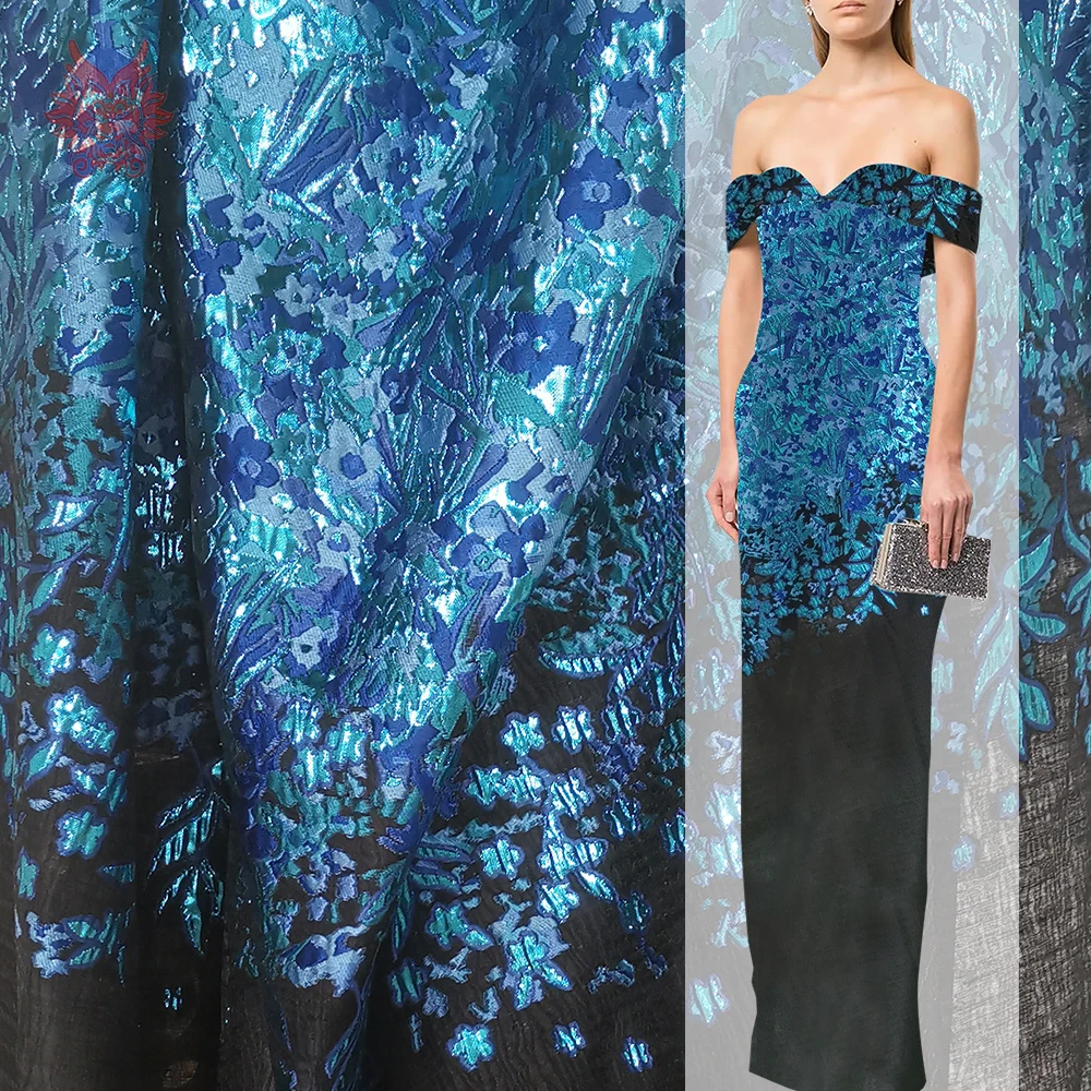 Французский розмарин синий и черный органза позиционный узор жаккард металлик