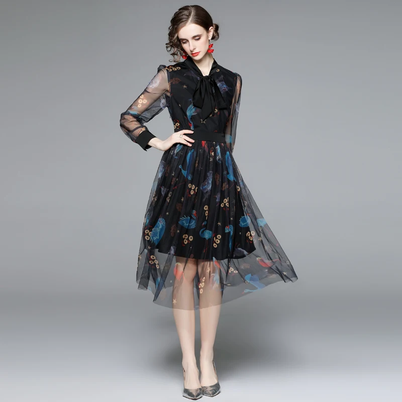 

2022 Women Elegant Bow Collar Spring Dresses Long Sleeve Print Mesh Robe Femme Designer Vintage Party Vestidos Black
