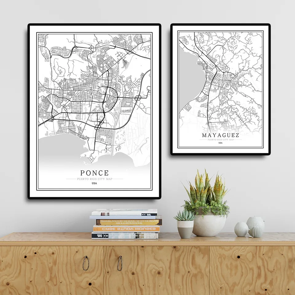 Caribbean креативный город Карта США Абстрактная Картина на холсте Черно-Белая