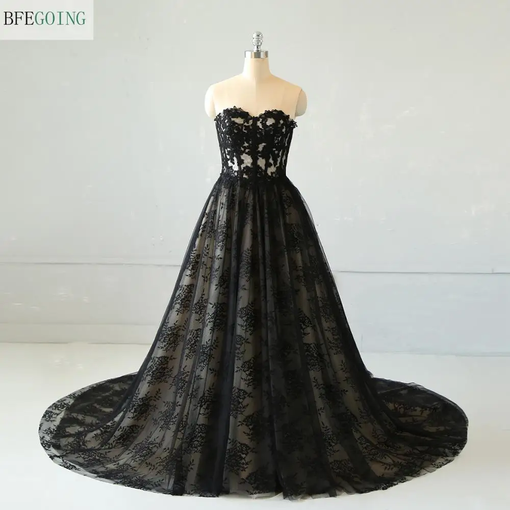 

Черное Кружевное ТРАПЕЦИЕВИДНОЕ свадебное платье до пола без бретелек с длинным шлейфом