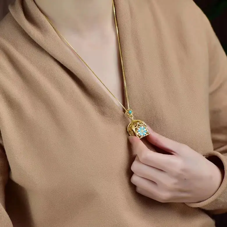 

New silver inlaid cubic zirconia pendant necklace Chinese style retro unique ancient gold craftsmanship women's brand jewelry