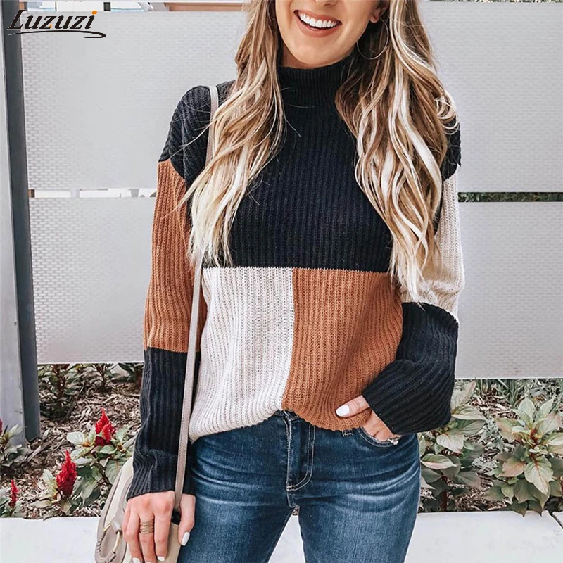 Женский свитер Luzuzi теплый с длинным рукавом и цветным блоком-стойкой