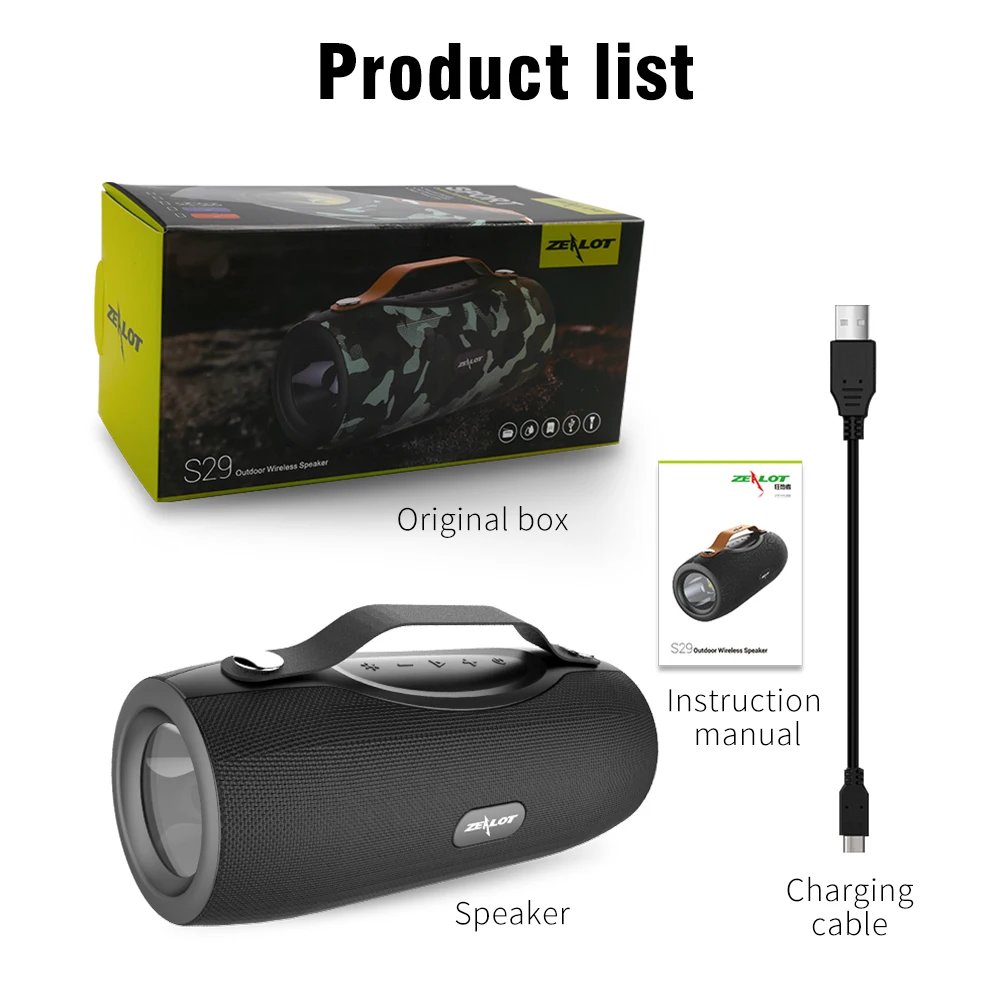 

ZEALOT S29 Portable Bluetooth Speaker FM Radio Outdoor Bass TWS Wireless Speaker Subwoofer Wireless Speakers with Mic