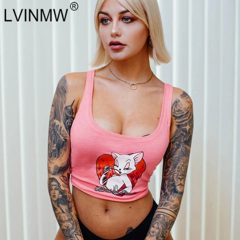 Женские топы без рукавов LVINMW розовые с принтом кота и буквами уличная мода лето