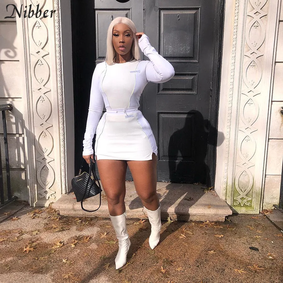 

Nibber fashion Reflective patchwork sportswear 2pieces sets femme 2019new white knitting tops women tee mini shirts skirts suits