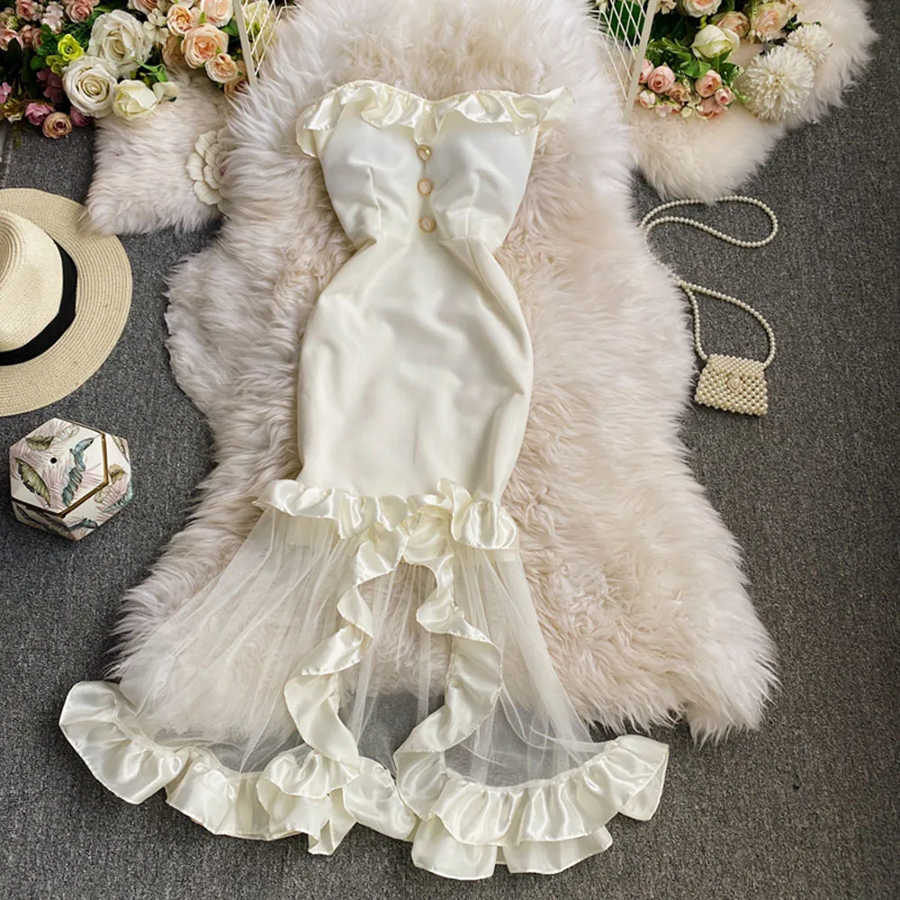 Женское многослойное платье макси с оборками элегантное вечернее прозрачное