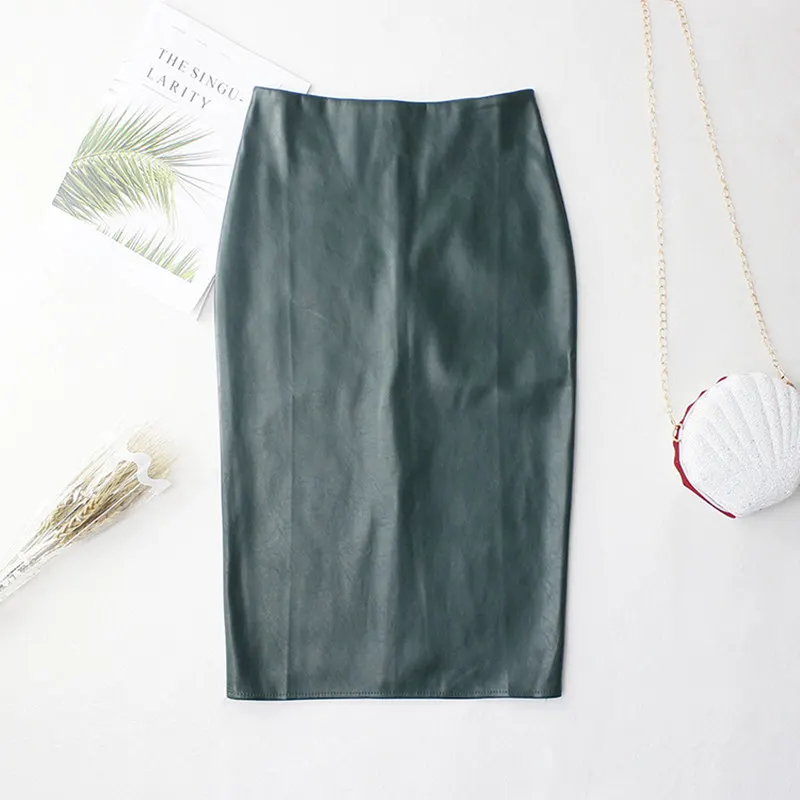 Женская юбка карандаш из искусственной кожи REALEFT зеленая элегантная средней