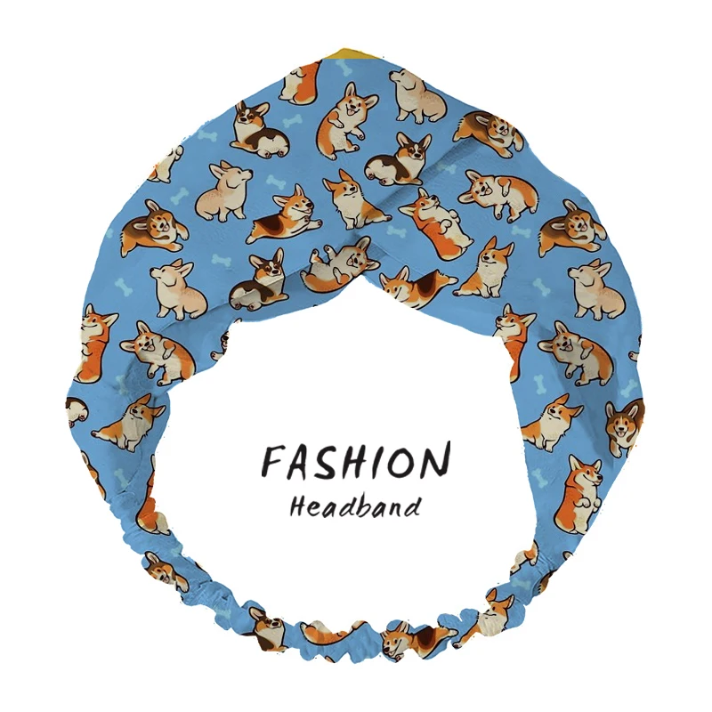 

2021 Bohemian Hair Accessories Women Corgis Print Animal Headband Elastic Turban Cross Hair Band Hairbands Headwear Scrunchies