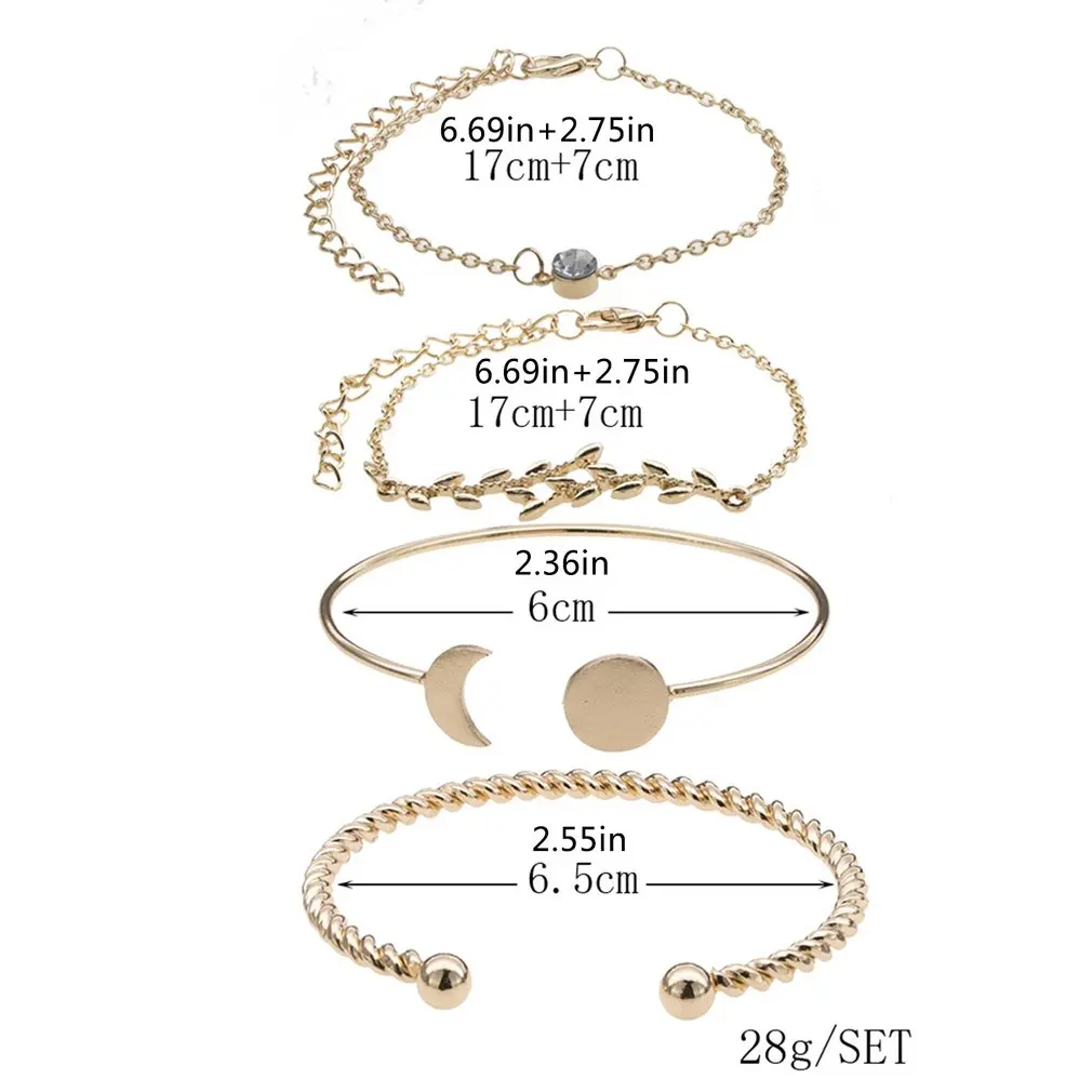 

Four-piece Bracelet Set With Thin Chain Leaves Alex Vines Crescent Full Moon Shape Girl's Hand Ornament
