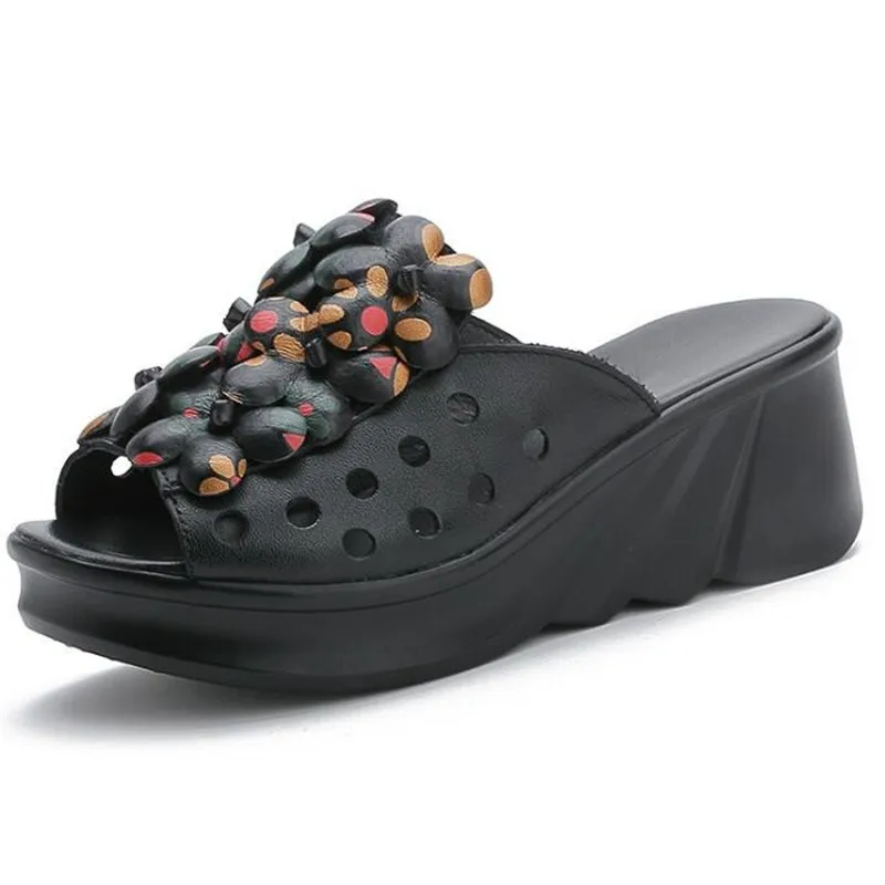 

Hot 2022 New Summer Classic Flower Fish Mouth Sandals Slippers Women Genuine Leather Sandals Comfort Thick Bottom Wedge Sandals