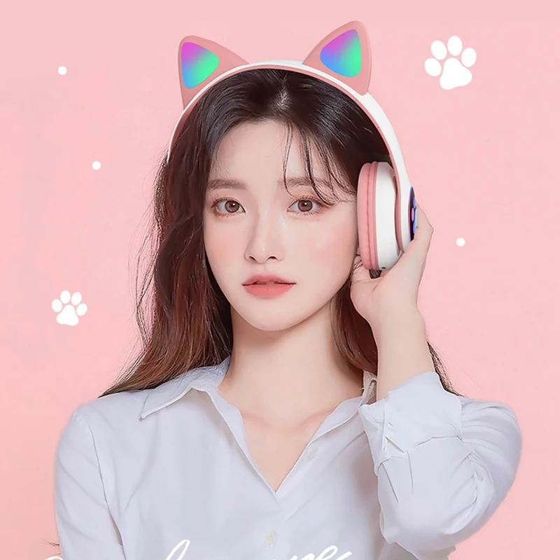 

RGB Cat Ear Headphones Bluetooth 5.0 Bass Noise Cancelling Adults Kids Girl Headset Support TF Card Casco Mic Gift Bracelet