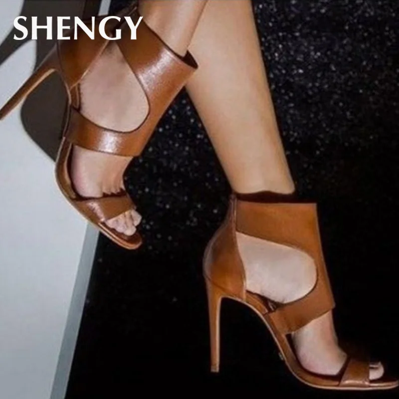 Сандалии-гладиаторы женские на высоком каблуке 9 см босоножки молнии заостренный