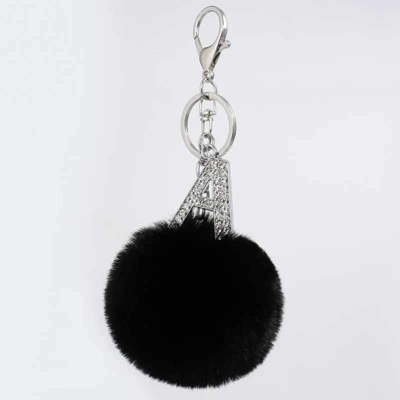 

Puff Fur Pom-Pom Ball Key Ring Keychain with Initial Letter Crystal Key Chain Bag Purse Charm Pendant Black Pom Keyring JS37D-4t