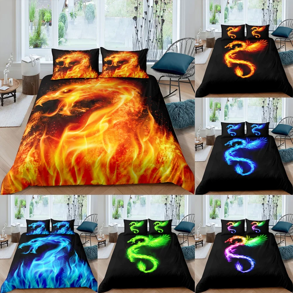 

Flame Dragon Phoenix Bedding Set Duvet Cover With Pillowcase 3D Double Full King Queen Twin Single Quilt Covers Bedroom Aldult