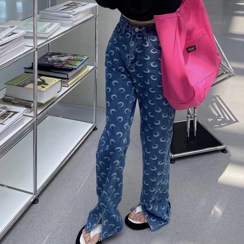 

Женские прямые джинсы в стиле High Street, винтажные брюки из денима с широкими штанинами и прорезями, брюки для пола, новинка на осень