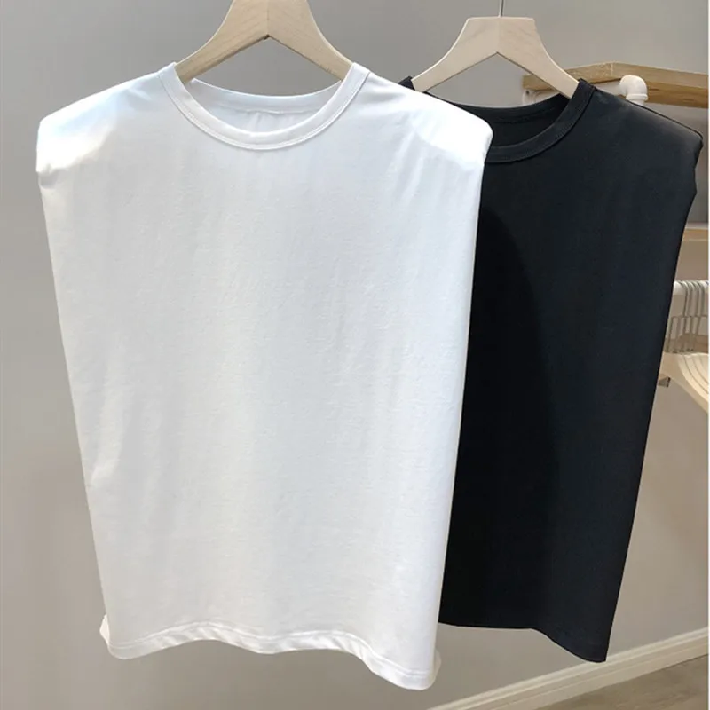 

2020 Simple Design Shoulder Pad Women Tops T-shirts Cotton Solid Comfort Summer Women's Clothing White Black Short O-Neck Casual