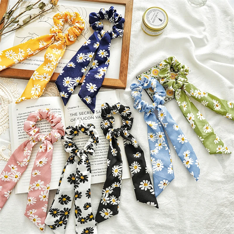

Daisy Hair Scrunchies Long Ribbon Hair Accessories Elastic Band Knotted Ponytail Streamers Hair Ties Floral Print Hair Rope