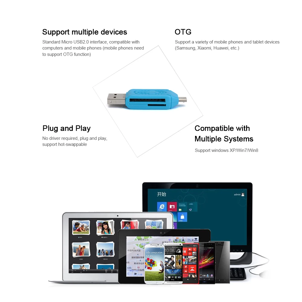 Micro USB 2 в 1 OTG кардридер Type-C3.0 Поддержка TF карта рекордер телефон карта памяти вращающийся кардридер синий